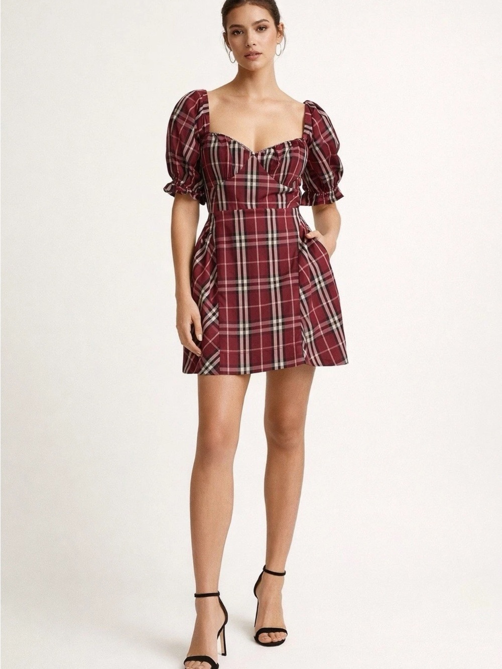 Maeve Burgundy Plaid Puff-Sleeve Mini Dress